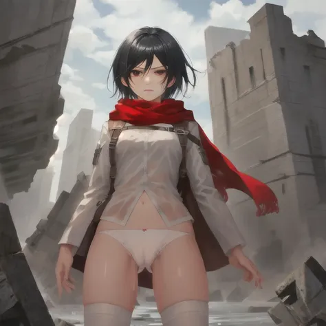 top-quality,​masterpiece,8K,nffsw,Best Quality,1girl in,Mikasa_ackerman,Sheer panties,Wet panties,White panties,red scarf,skyporn,broody,Legs spread posture,Action art,Aim at the enemy,Embarrassed face,Shy face,with blush cheeks,sinister gang,butyric,minim...