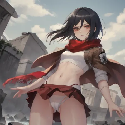 top-quality,​masterpiece,8K,nffsw,Best Quality,1girl in,Mikasa_ackerman,Sheer panties,Wet panties,White panties,red scarf,skyporn,broody,Legs spread posture,Action art,Aim at the enemy,Embarrassed face,Shy face,with blush cheeks,sinister gang,butyric,minim...