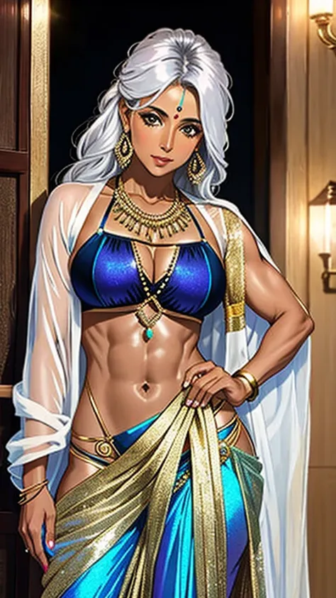 movie scene, pavna, 50-year-old, indian, ifbb, mature allure, (iridescent thong), dark skinned, (sheer arab pants), (shimmering robe), white hair, thick lips, (shiny gold sari top)