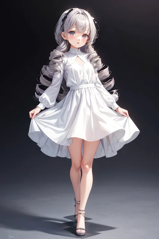 white room,short,full body figure,SD,The background is plain, perfect light purple haired girl, loli in a dress,long skirt, gray haired, gray haired god, Cute anime waifu wearing beautiful clothes, gray haired髪, best anime, looking here,Drill hair