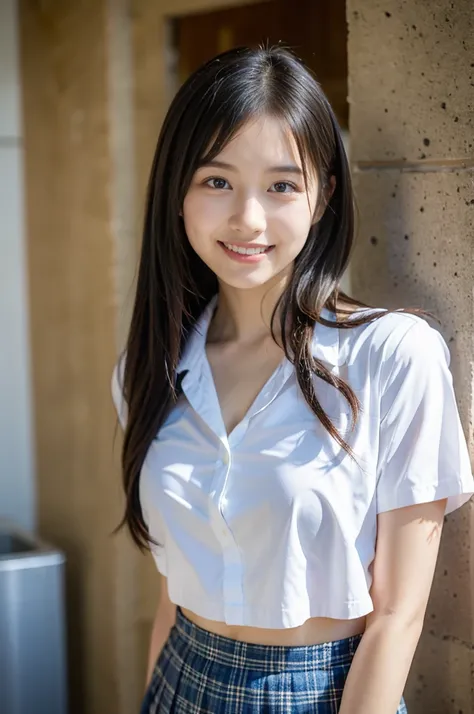 18 year old female、((school clothes))、white shirt、navy blue mini skirt、shower room、smile、8K,Ultra high definition,highest quality,masterpiece,master piece,photorealistic,(1 girl:1.2),beautiful features,high school girl,