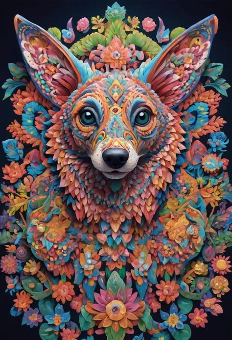 Future genetic engineering will incorporate living organisms into your artwork, Coberto por fauna, flora. Alebrije, obra de arte, hiper HD, Axonometric view, selvas. Ciberpunk. Cachorro mandala