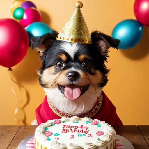 Baby shih Tzu, yorkshire Terrier, collie or border collie with tongue out mouth open, Golden Retriever,  dog with its front paws on the table in front of an incredible birthday cake he has a birthday hat on his head the wall in the background has lots of b...