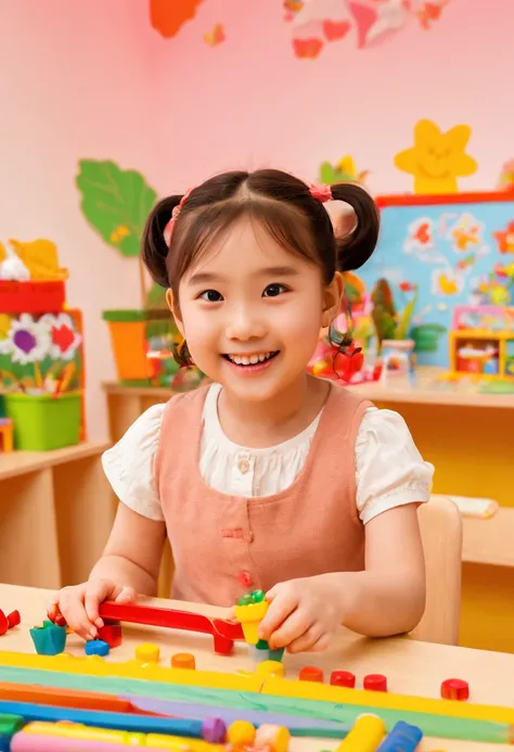 1 girl, kindergarten teacher, dream girlfriend, cute, smile, delightful, intelligent, a sense of spring warmth and happiness, colorful and vibrant kindergarten classroom, educational toys, colorful decorations, childrens artwork, joyful and lively atmosphe...