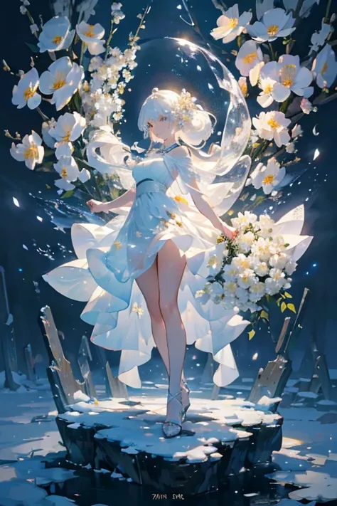 (Paradise in Heaven), White lighting,(muste piece), (best quality), (cinematic), 8K, (art station),(長いwhite hairとSilvery eyesを持つ1人の女), (beautiful delicate face)、[Frozen trees々], [landscape crystal], [lighting], [Ethereal Atmosphere:1.1], [fantasy, short st...