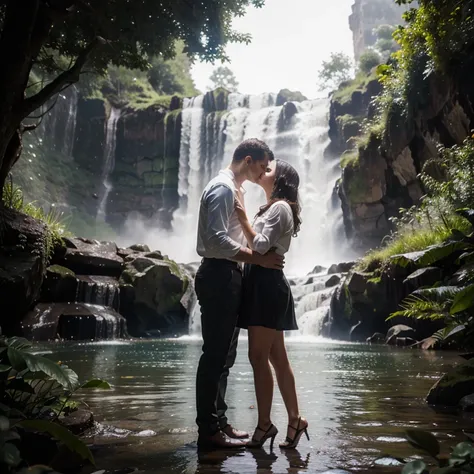  An enchanting scene unfolds as a young couple kisses passionately in the foreground, framed by the splendor of a cascading waterfall, vibrant greenery, and misty surroundings, emphasizing the connection between the couple, realistic photo, taken with a 35...