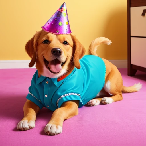 Baby Beagle with tongue out mouth open, Golden Retriever,  dog with its front paws on the table in front of an incredible birthday cake he has a birthday hat on his head the wall in the background has lots of birthday decorations. ((wearing clothes from th...