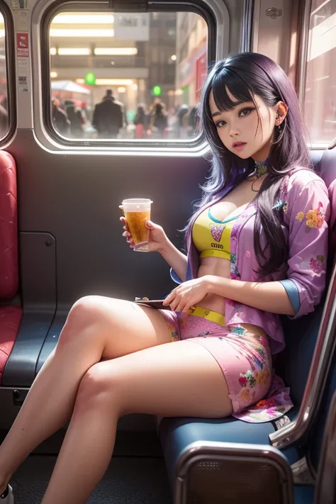 1 beautiful woman, lond hair,multicolored hair,dressed in sexy multicolored underwear , painted eyelids, long eyelashes, made-up face,  sitting on the train seats, full body,