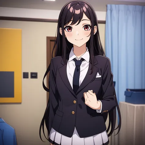 (Masterpiece, Best Quality, Best Quality, Extremely Detailed, Best Detailed, Official Art, Beautiful and Aesthetic: 1.2), Kaori, Anime Girl, Solo, Long Hair, Blush, Smile, Bangs, Shirt, Black Hair, Mouth Closed, Beautiful Red Eyes , uniform white, jacket, ...