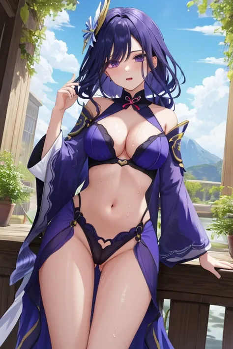 absurdres, highres, (official art, beautiful and aesthetic:1.2), ultra detail, beautiful person, 1girl, solo, long hair, bangs, hair ornament, navel, cleavage, very long hair, purple eyes, purple hair, braid, flower, outdoors, , raiden shogun,nipples,wet,p...