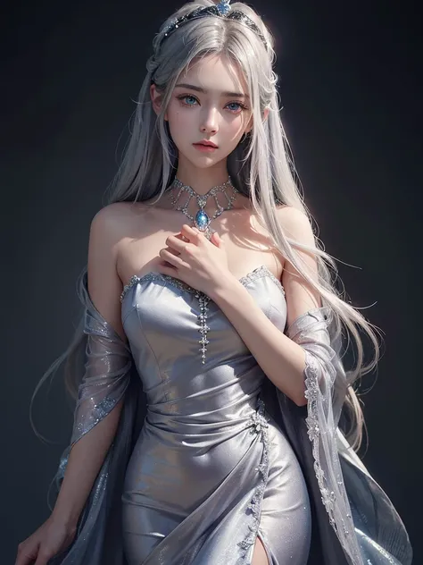 masterpiece, best quality, extremely detailed,cinematic lighting, finely detailed beautiful face and eyes, stoic, arrogant , long smooth shiny silver hair, Realistic lighting, pretty face , Body perfect anatomy,Top Quality, Top resolution, realistic , Cine...