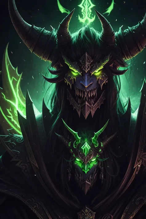 a close up of a demon with horns and green lights, world of warcraft art, world of warcraft art style, warcraft character, blizzard warcraft artwork, world of warcraft concept art, warcraft artwork, horned god, from warcraft, from world of warcraft, by Yan...