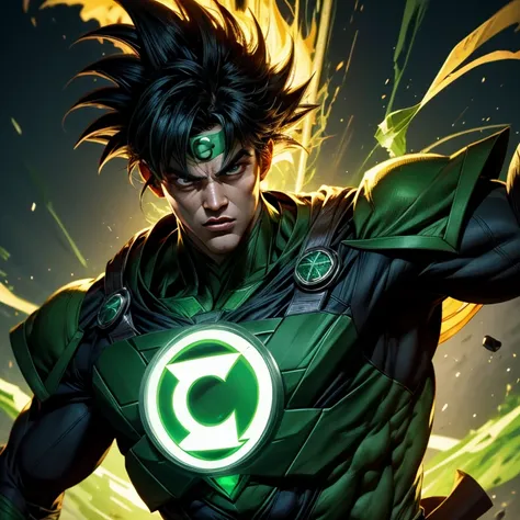 (Best Quality, 4K), Goku in Green Lantern Suit, Anime, Superhero, Powerful pose, Muscular physique, Glowing green energy, Detailed texture of the suit, Ultra-realistic, Finely detailed, Realistic shading, Green Lantern power ring, High contrast between Gok...