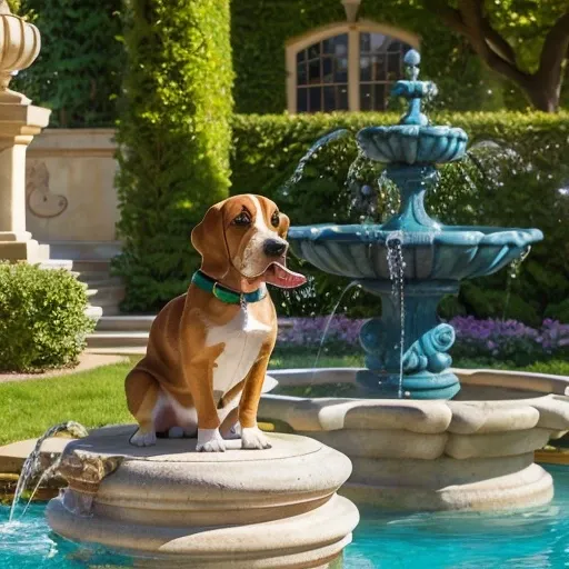 Baby Basset hound, (( playing in a beautiful garden of a luxurious mansion that in the background has an incredible fountain with a dog statue that spouts water from its mouth)),