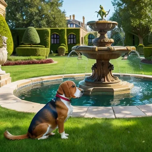 Baby Basset hound, (( playing in a beautiful garden of a luxurious mansion that in the background has an incredible fountain with a dog statue that spouts water from its mouth)),