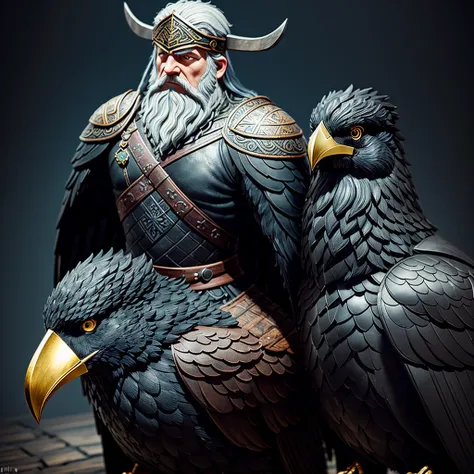 Promt: Create a hyper-realistic 3D photo of Hugin and Munin sitting on each shoulder of an old Odin, with a dirty, close-up, black painterly background.