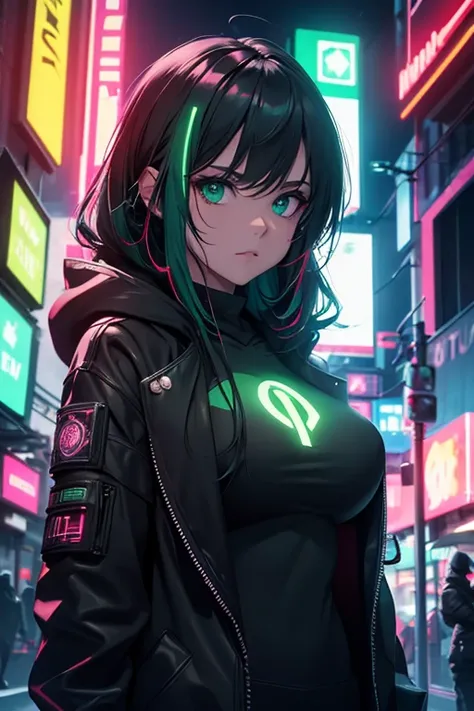 8k, realista, Cyberpunk, Escuro, Noite, green neon light city background, busty girl, long black hoodie green trim, red light streaks