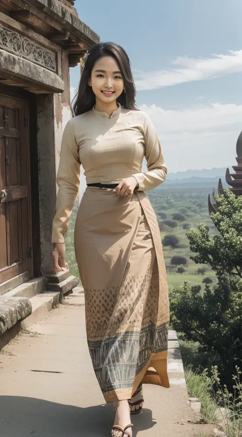 a beautiful girl with cute dimples, smiling, wearing
burmese dress, walking in Bagans street, 
ACMM LS OUTFIT, WEARING ACMM TOP OLIVE
GREEN ACMM TOP; LONG SLEEVES, WEARING
ACMM LONG SKIRT, OLIVE GREEN ACMM LONG
SKIRT, PRINTED SKIRT
OUTDOORS, SCENERY, TRADI...