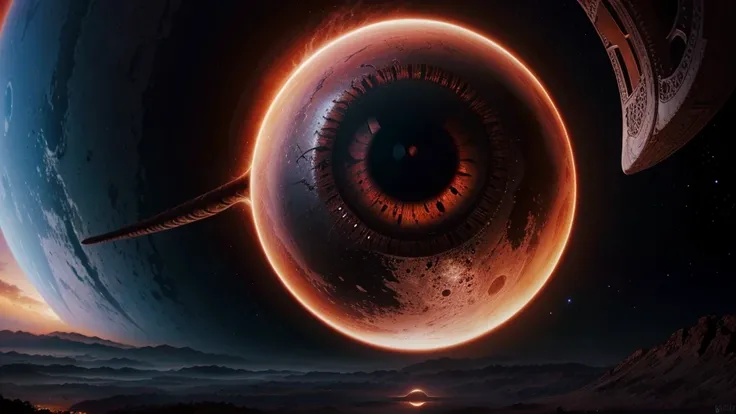 um planeta vermelho com olho vermelho e um planeta vermelho ao fundo, Portrait of a mystical giant eye, o olho do univers, Inspirado em Tomasz Alen Kopera, ar, big alien eyes, void globo oculars, ghroth horros cosmico
