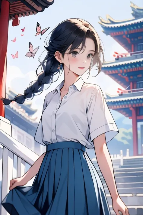 One is wearing a pure white shirt，Paired with azure blue pleated skirt，There is a peach blossom on the temple，girl with braids，From time to time there are butterflies flying by