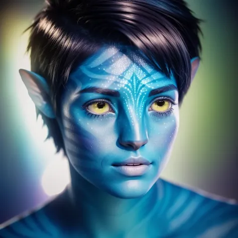 avtr:1.1, avatar style, portrait:1.6, 1girl, female, (blue skin tone:1.0), (short hair:1.0), pixie cut hairstyle, dark brown hair color, 18 years old:1, face wrinkles, wearing tribal clothing, wearing a top, detailed eyes, toned body, muscled body, vibrant...