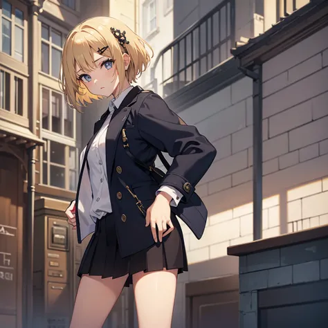 Masterpiece, solo, 1girl, overcoat, hair ornament, short skirt, short blonde hair, Street 