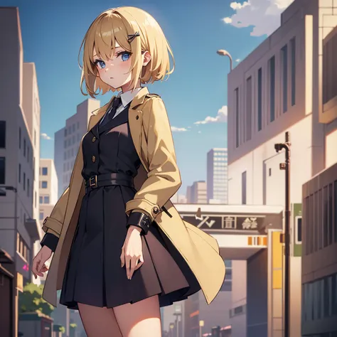 Masterpiece, solo, 1girl, overcoat, hair ornament, short skirt, short blonde hair, Street 