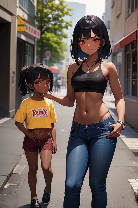 (masterpiece, best quality:1.2) Loli, navel, black skin, dark skin, thick thigh, big butt, jeans short shorts, crop top, red eyes, smug face, child, 10 years, sexy, sassy loli