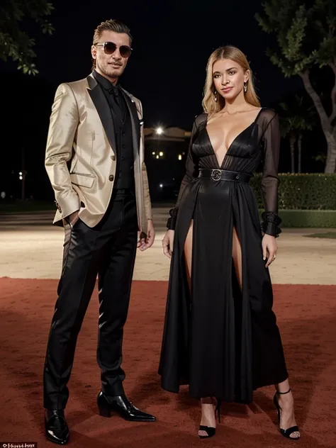  A stunning beauty with blonde hair and a rare combination of features is standing next to Dorian Popa, a popular Romanian singer and actor. She is wearing a black dress from Chanel, a pair of earrings from Tiffany & Co., and a pair of heels from Christian...