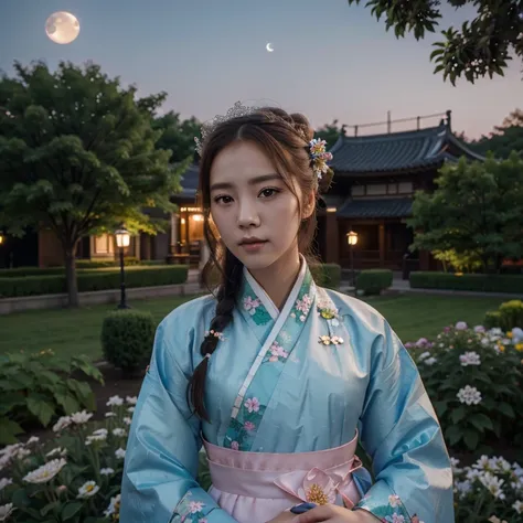 best quality, high_resolution, distinct_image, detailed background ,girl, hanbok,flower,garden,moon, night,dutch angle, wide shot, crown, 