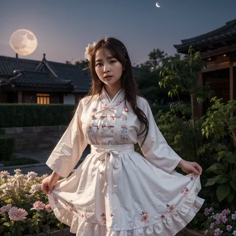 best quality, high_resolution, distinct_image, detailed background ,girl, plump body figure. Medium large breast, hanbok,flower,garden,moon, night,dutch angle, wide shot.