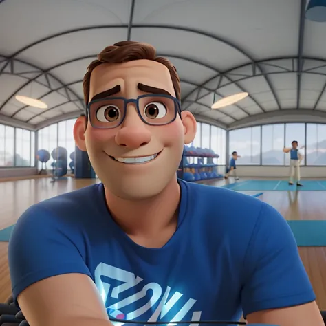 A disney pixar style physical education brunette man standing in front, illuminated by the light of a lamp, tendo como pano de fundo uma quadra de esporte, alta qualidade, melhor qualidade