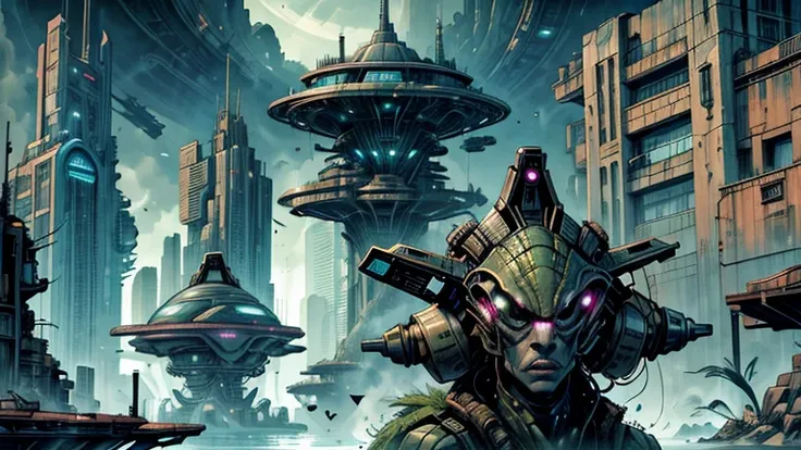 Swampy Dystopian futuristic bayou city on a different planet with alien people, heavily armed with futuristic guns, futuristic dystopian concept art, hover vehicles, alien plants, various clutter, air boats on swampy waters,