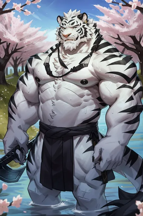 (morning), Tiger orcs, white fur，Black tiger stripe，solo, holding sword，looking at the audience, summer, Smile,The man was taken away，beard,middle aged，White Fundos,((Open)  kimono)，Chinese traditional clothing,close up,earrings,Nipple rings,Sweat,majestic...