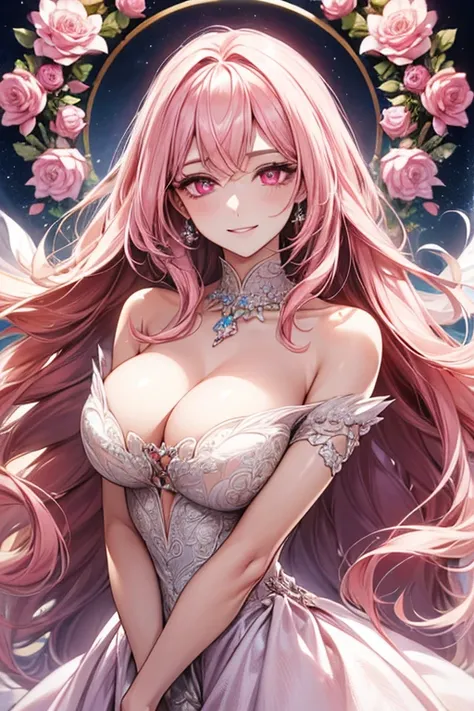 ((muste piece)), ((best quality))、best style、beautiful woman、The most beautiful woman in the world、dress with flowers、wearing a luxurious dress, pink eyes、pink hair、long hair、big breasts、detailed face、best style、smile