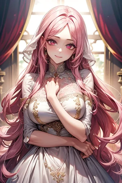 ((muste piece)), ((best quality))、best style、beautiful woman、The most beautiful woman in the world、dress with flowers、wearing a luxurious dress, pink eyes、pink hair、long hair、big breasts、detailed face、best style、smile