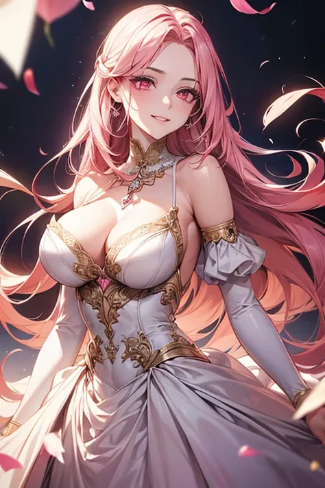 ((muste piece)), ((best quality))、best style、beautiful woman、The most beautiful woman in the world、dress with flowers、wearing a luxurious dress, pink eyes、pink hair、long hair、big breasts、detailed face、best style、smile