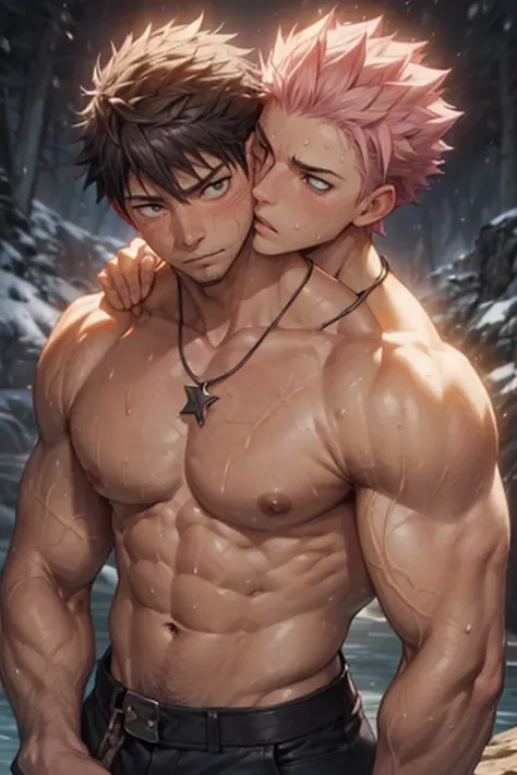 ((2boys, 2 men, duo)) ,gay couple,Natsu Dragneel and Gray Fullbuster kissing, ((upper body)), passionate blushing, snow mountain background, muscular body with washboard abs and pecs with pink nipples, sweating bodies and rugged arms and legs, holding wais...