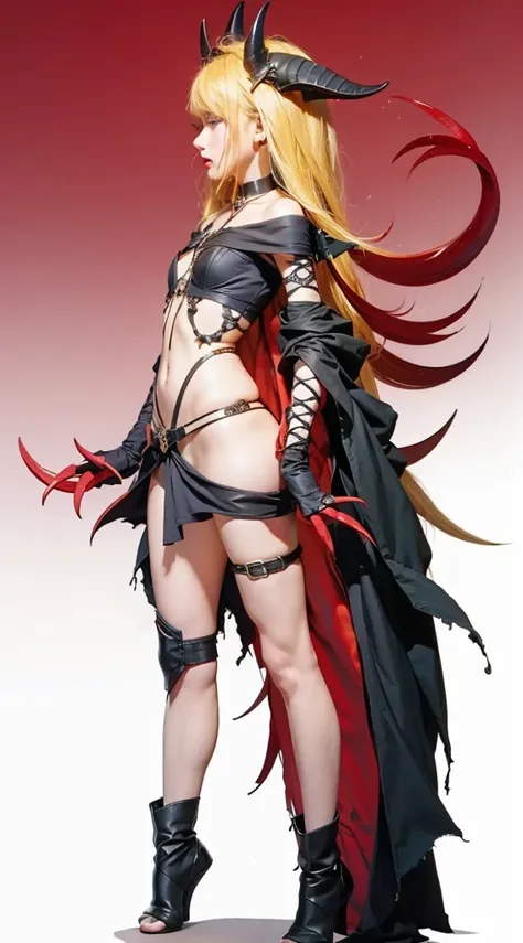 DarknessLora, blonde hair, red eyes, very long hair, horns, claws, choker, hair intakes, loincloth, profile, (lean forward:1.5), ((waist up))