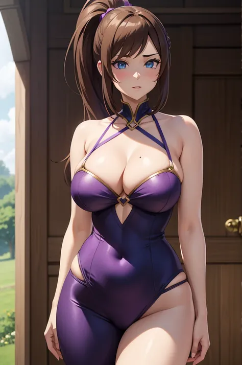 one Rebecca wearing a purple bikini with gold accents, mature woman, long brown hair, hair in a ponytail, blue eyes, sexy hourglass figure, standing in the French countryside, [ 4 k digital art ]!!, seductive anime girl, deviantart artstation cgscosiety, t...