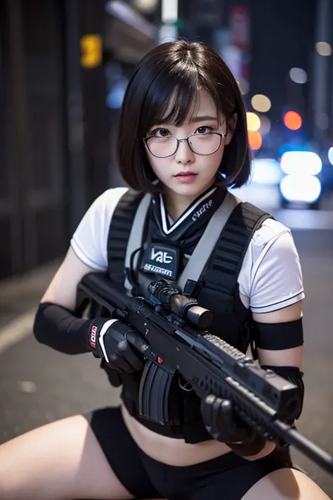 ((best quality)), (top quality)), (masterpiece), photorealistic, photorealism 16K, (16K), 1girl full body, aiming with an mp5 sub-rifle, Combat pose, city street background, bobhaircut, Photorealistic, high resolution, (Detailed face), looking at the camer...