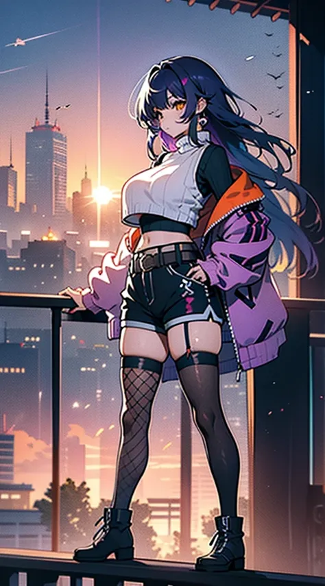 (masterpiece), high-definition, korean girl, big boobs, big hips, messy dark purple hair, orange eyes, crop top sweater, jacket,...