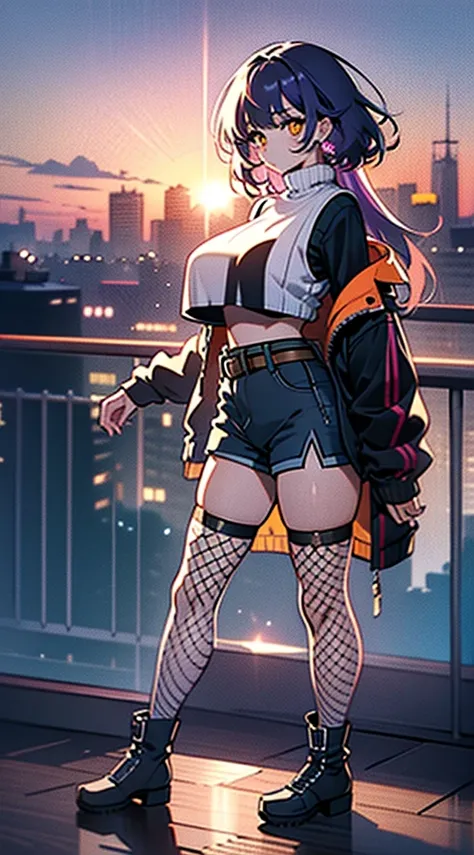 (masterpiece), high-definition, korean girl, big boobs, big hips, messy dark purple hair, orange eyes, crop top sweater, jacket, shorts, belt, thong, thigh high stockings, boots, fishnet, balcony, leaning on the railing, sunset