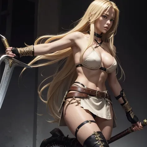 A sexy blonde warrior princess with very long hair, only dressed in a short mini skirt is running towards me with a big sword in her hands. Her perfect naked body and long legs are fantastic. She is wearing low boots with black laces, she has a perfect fac...