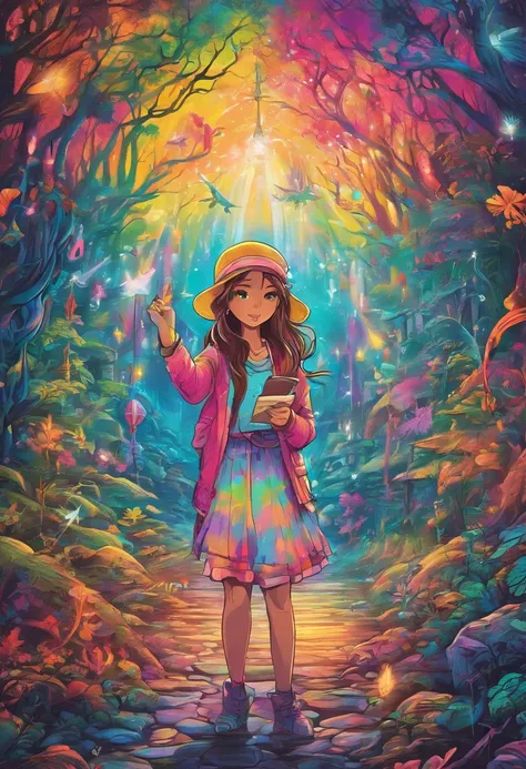 girl casting mystical glowing spells in fantasy rainbow forest