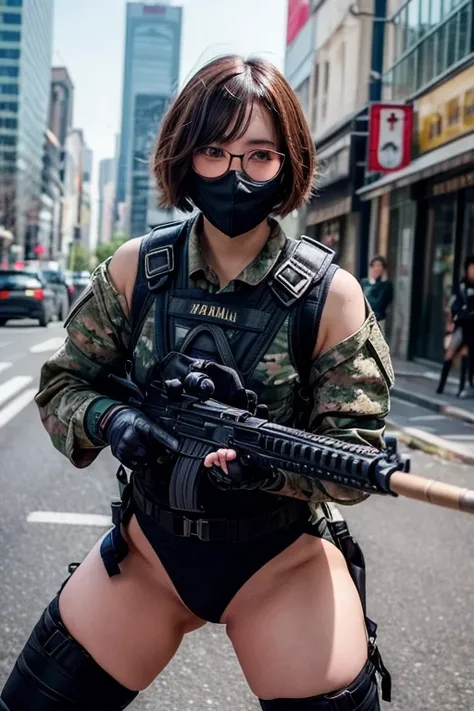 ((best quality)), (top quality)), (masterpiece), photorealistic, photorealism 16K, (16K), Fujifilm, 1girl full body, in a combat pose, aiming an assault rifle, South Korean city street background, bob haircut, ((Fully Naked)), C-Cup breast ,Highly Detailed...