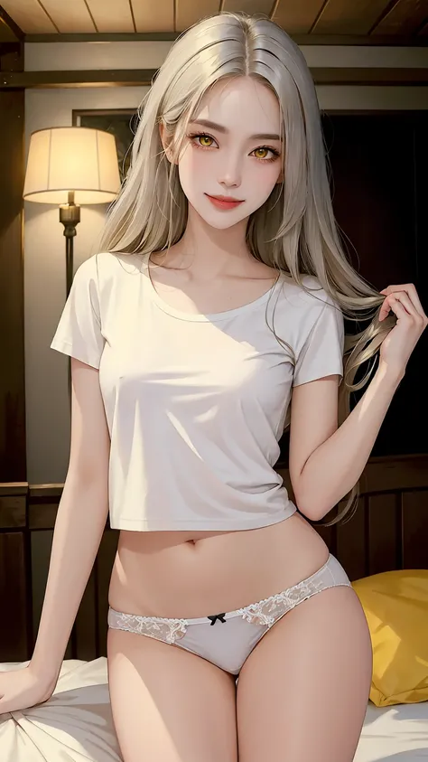 ((((masterpiece, best quality, high resolution)))), (1girl:1.5), ((long silky hair, silver hair, yellow eyes, sharp eyes)), (medium breasts:1.2), blush, (cheeky smile, parted lips), glow, thighs, bare shoulders, collarbone, narrow waist, (slender body figu...