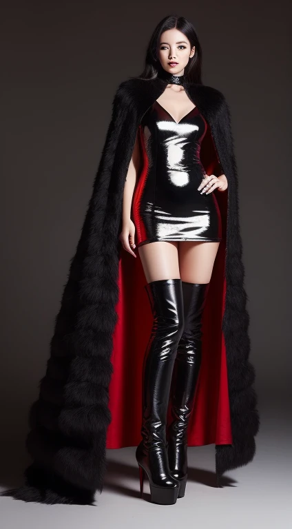 asian beauty,be realistic,red sequin high-legs dress,A super long black fox fur vampire cloak that wraps around her body with fur collar,cape,spreding cloak,cape,Black thigh-high boots with stiletto heels, Are standing,frontage,full body image