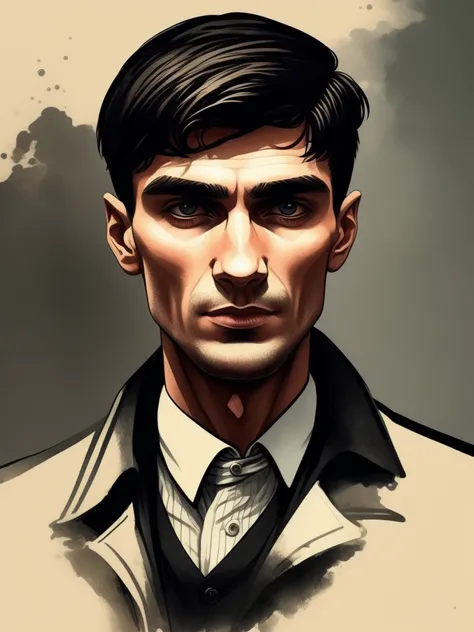 Thomas Shelby, Arte em camisetas, 2D, ((fundo preto :1, 5)), Vetor, cores vivas, obra de arte, melhor qualidade, detalhes intrincados, perfect symmetrical face, detalhes realistas, gothic theme, Luz de aro, luar, cinematic shading