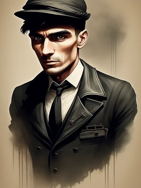 Thomas Shelby, submachine gun, Arte em camisetas, 2D, ((fundo preto :1, 5)), Vetor, cores vivas, obra de arte, melhor qualidade, detalhes intrincados, perfect symmetrical face, detalhes realistas, gothic theme, Luz de aro, luar, cinematic shading